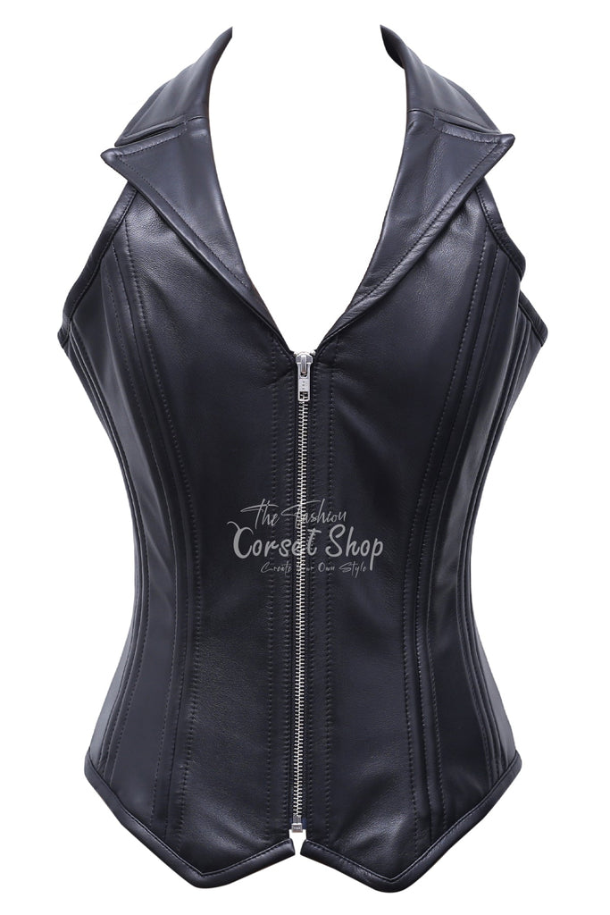 Kiri Black Leather Overbust Corset With Zip Front
